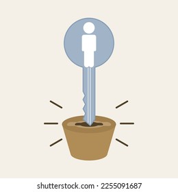 Key with human icon inserted to unlock is a metaphor for key person. Human resource and recruitment symbol. Vector illustration outline flat design style.