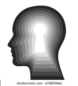 Key to human mind creative idea. Metaphor with face profile and keyhole vector illustration.