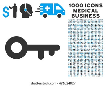 Key icon with 1000 medical business gray and blue vector pictograms. Clipart style is flat bicolor symbols, white background.