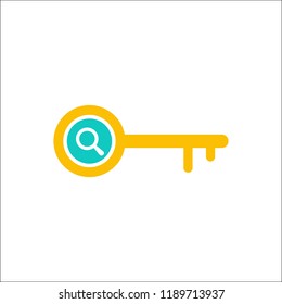 Key icon, Access, lock, locked, security icon with research sign. Key icon and explore, find, inspect symbol. Vector