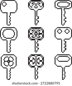 Ícone de chave arte de pixels de vetor em preto-branco