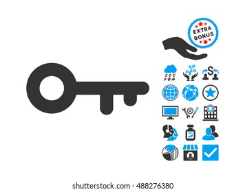 Key icon with bonus icon set. Vector illustration style is flat iconic bicolor symbols, blue and gray colors, white background.
