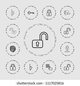 Key icon. collection of 13 key outline icons such as lock, open lock, hand on atm, opened lock, bemol. editable key icons for web and mobile.