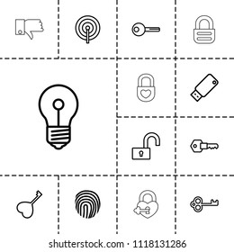 Key icon. collection of 13 key outline icons such as lock, usb drive, fingerprint, heart lock. editable key icons for web and mobile.