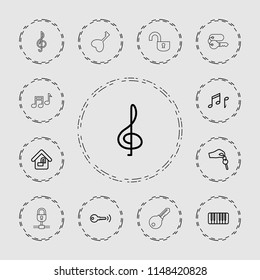 Key icon. collection of 13 key outline icons such as treble clef, piano, note, home lock, lock. editable key icons for web and mobile.