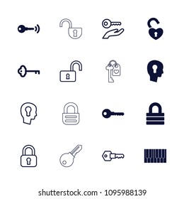 Key icon. collection of 16 key filled and outline icons such as lock, opened lock. editable key icons for web and mobile.