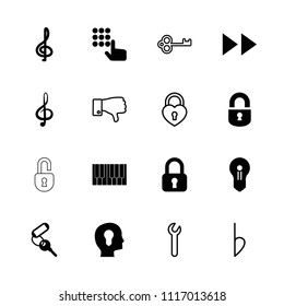 Key icon. collection of 16 key filled and outline icons such as key, treble clef, lock, hand on atm, heart lock, dislike, bemol, wrench. editable key icons for web and mobile.