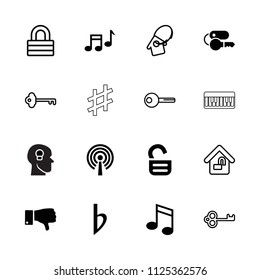 Key icon. collection of 16 key filled and outline icons such as dislike, lock, home lock, opened lock, music note, bemol, note, piano. editable key icons for web and mobile.