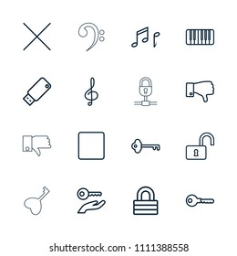 Key icon. collection of 16 key outline icons such as lock, opened lock, dislike, treble clef, stop, piano, cancel, note, usb drive. editable key icons for web and mobile.