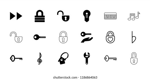 Key icon. collection of 18 key filled and outline icons such as lock, heart lock, bemol, treble clef, open lock, fast forward, piano. editable key icons for web and mobile.