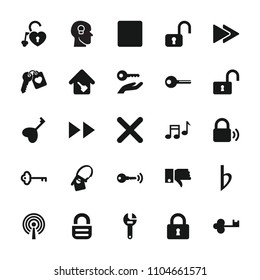 Key icon. collection of 25 key filled icons such as wrench, lock, opened lock, stop, fast forward, dislike, bemol, cancel. editable key icons for web and mobile.