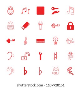 Key icon. collection of 25 key filled and outline icons such as piano, lock, stop, bemol, note, usb drive, wrench, heart lock. editable key icons for web and mobile.