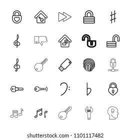 Key icon. collection of 25 key outline icons such as lock, opened lock, treble clef, bass clef, fast forward, musical sharp, bemol. editable key icons for web and mobile.