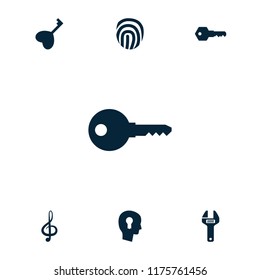 Key icon. collection of 7 key filled icons such as wrench, fingerprint. editable key icons for web and mobile.