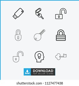 Key icon. collection of 9 key outline icons such as lock. editable key icons for web and mobile.