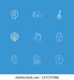 Key icon. collection of 9 key outline icons such as treble clef, lock, keyhole in head, opened lock, music note. editable key icons for web and mobile.
