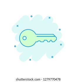 Key icon in comic style. Access login vector cartoon illustration pictogram. Password key business concept splash effect.