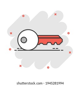 Key icon in comic style. Access login vector cartoon illustration pictogram. Password key business concept splash effect.