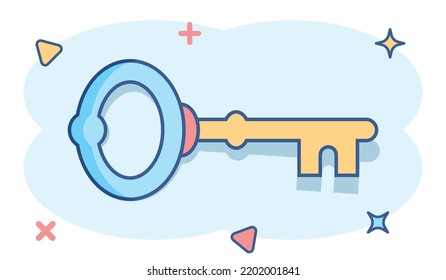 Key icon in comic style. Access login vector cartoon illustration pictogram. Password key business concept splash effect.