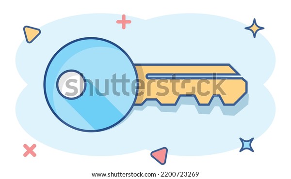 Key icon in comic style. Access login vector
cartoon illustration pictogram. Password key business concept
splash effect.