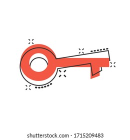 Key icon in comic style. Password cartoon vector illustration on white isolated background. Access splash effect business concept.