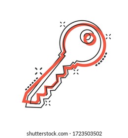 Key icon in comic style. Password cartoon vector illustration on white isolated background. Access splash effect business concept.