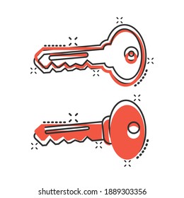 Key icon in comic style. Password cartoon vector illustration on white isolated background. Access splash effect business concept.