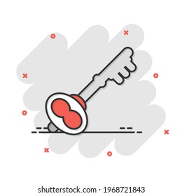 Key icon in comic style. Password cartoon vector illustration on white isolated background. Access splash effect business concept.