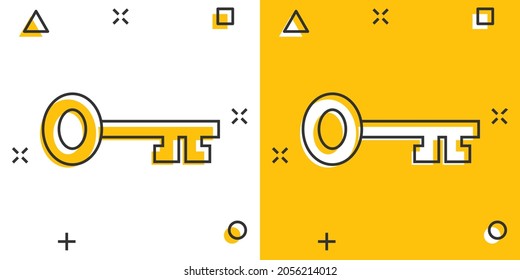 Key icon in comic style. Password cartoon vector illustration on white isolated background. Access splash effect business concept.