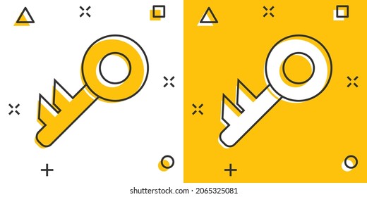 Key icon in comic style. Password cartoon vector illustration on white isolated background. Access splash effect business concept.