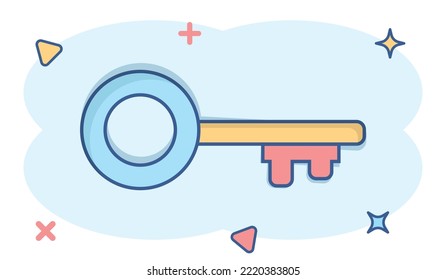 Key icon in comic style. Password cartoon vector illustration on white isolated background. Access splash effect business concept.