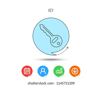 Key icon. Door unlock tool sign. Calendar, User and Business Chart, Download arrow icons. Speech bubbles with flat signs. Vector