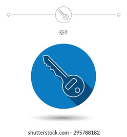 Key icon. Door unlock tool sign. Blue flat circle button. Linear icon with shadow. Vector