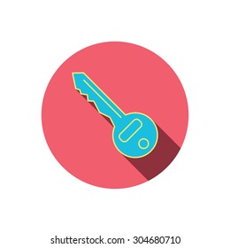 Key icon. Door unlock tool sign. Red flat circle button. Linear icon with shadow. Vector
