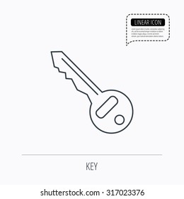 Key icon. Door unlock tool sign. Linear outline icon. Speech bubble of dotted line. Vector