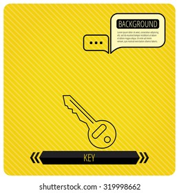 Key icon. Door unlock tool sign. Chat speech bubbles. Orange line background. Vector