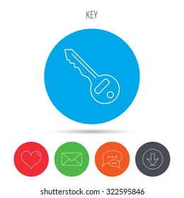Key icon. Door unlock tool sign. Mail, download and speech bubble buttons. Like symbol. Vector