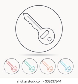 Key icon. Door unlock tool sign. Linear circle icons.