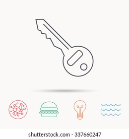 Key icon. Door unlock tool sign. Global connect network, ocean wave and burger icons. Lightbulb lamp symbol.