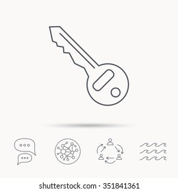 Key icon. Door unlock tool sign. Global connect network, ocean wave and chat dialog icons. Teamwork symbol.