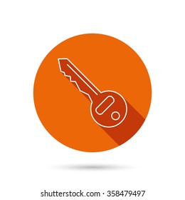 Key icon. Door unlock tool sign. Round orange web button with shadow.