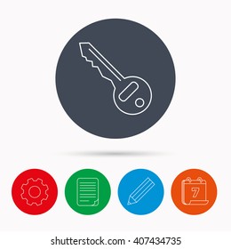 Key icon. Door unlock tool sign. Calendar, cogwheel, document file and pencil icons.