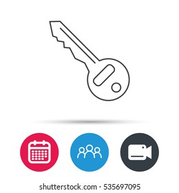 Key Icon. Door Unlock Tool Sign. Group Of People, Video Cam And Calendar Icons. Vector