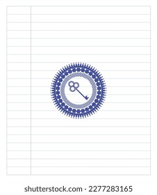key icon emblem drawn with pen. Blue ink. Vector Illustration. Detailed. 