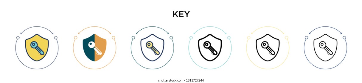 Key icon in filled, thin line, outline and stroke style. Vector illustration of two colored and black key vector icons designs can be used for mobile, ui, web