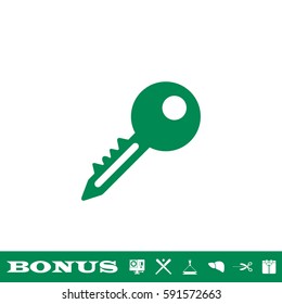 Key icon flat. Green pictogram on white background. Vector illustration symbol and bonus button