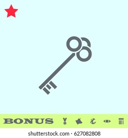 Key icon flat. Grey pictogram on blue background. Vector illustration symbol and bonus buttons medal, cow, earth, eye, calculator