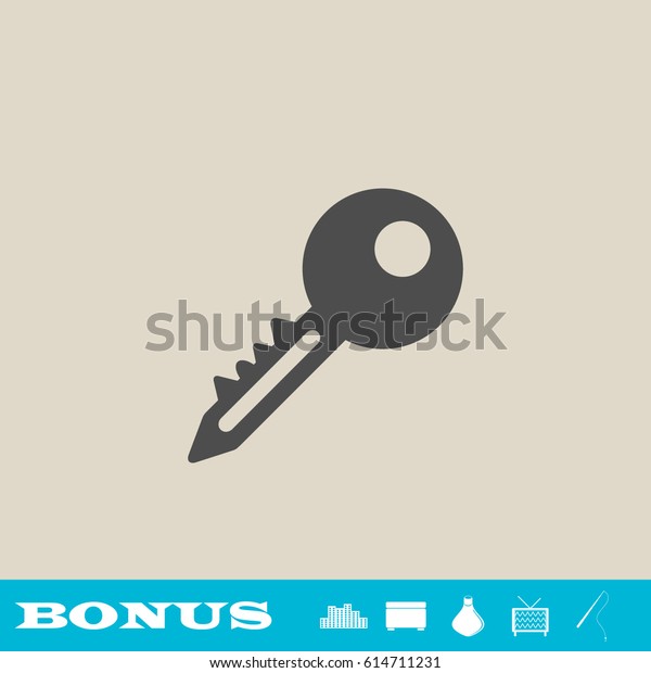 Key icon flat. Grey pictogram on light background.\
Vector illustration symbol and bonus button real estate, ottoman,\
vase, tv, fishing rod