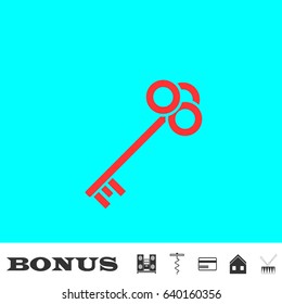 Key icon flat. Red pictogram on blue background. Vector illustration symbol and bonus buttons Music center, corkscrew, credit card, house, drum
