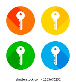 key icon. Flat white icon on colored circles background. Four different long shadows in each corners